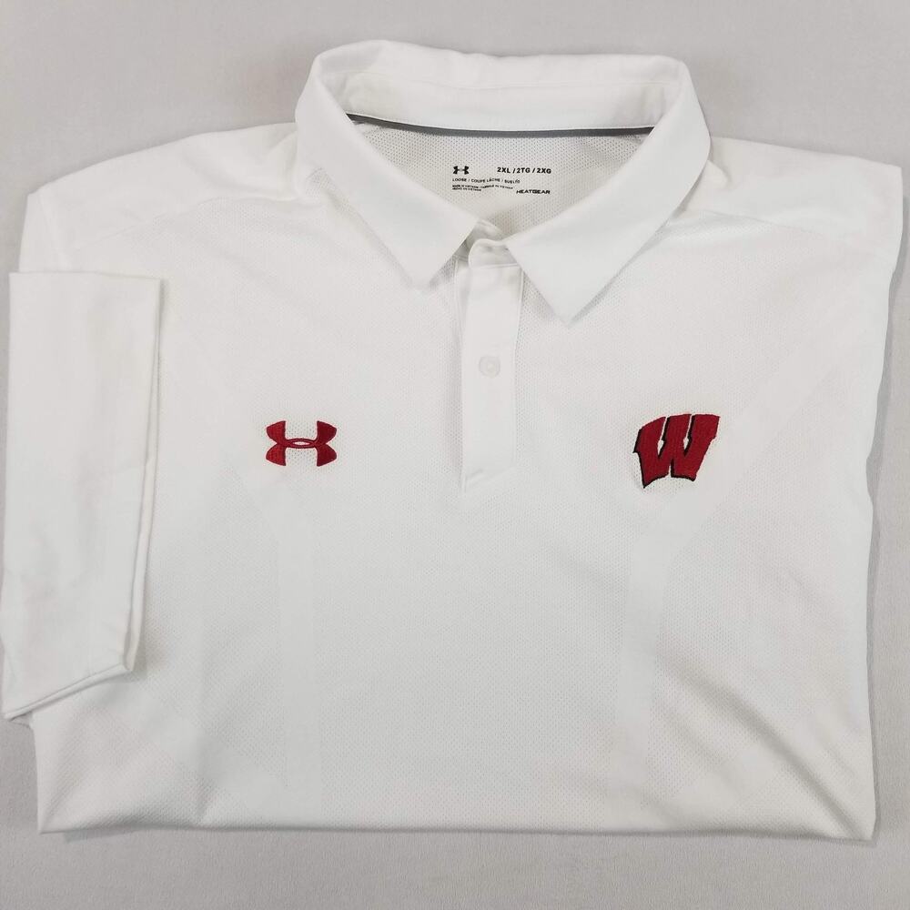 Under Armour Polo Mens 2XL White Wisconsin Badgers Shirt Athletic Golf HeatGear